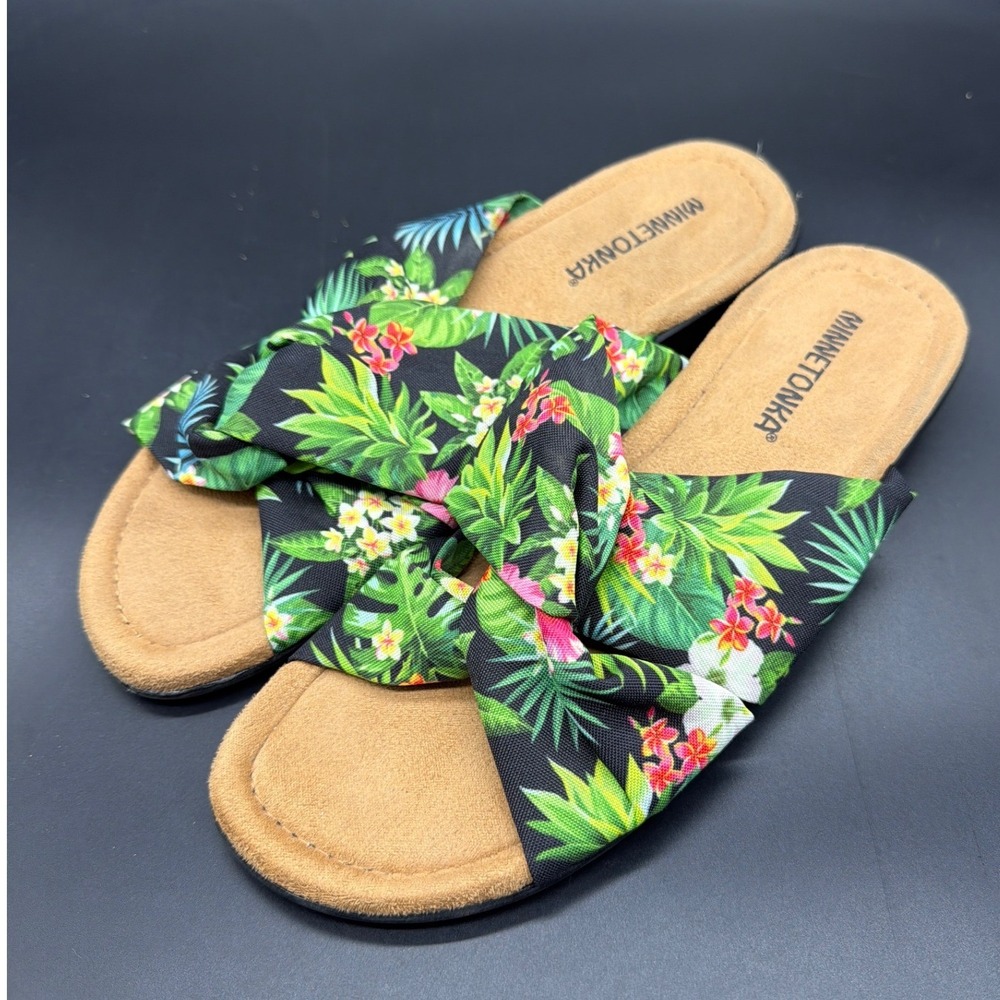 Minnetonka Women Tropical Floral Knotted Slide Sandals Black Green Multi Size 8M
